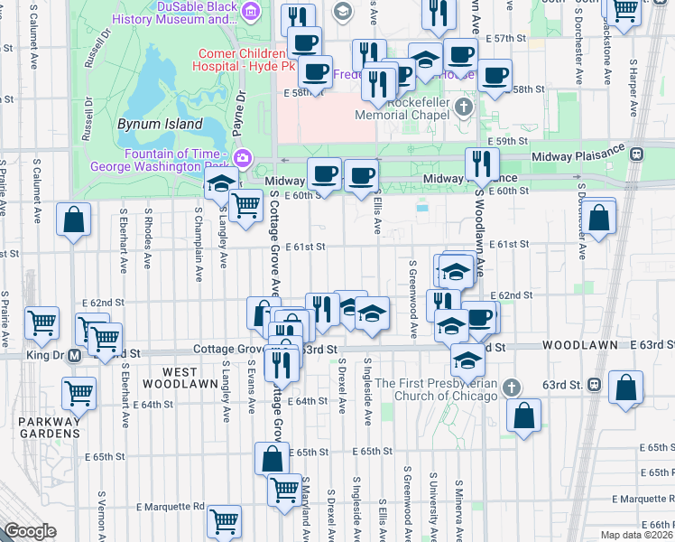 map of restaurants, bars, coffee shops, grocery stores, and more near 6152 South Ingleside Avenue in Chicago