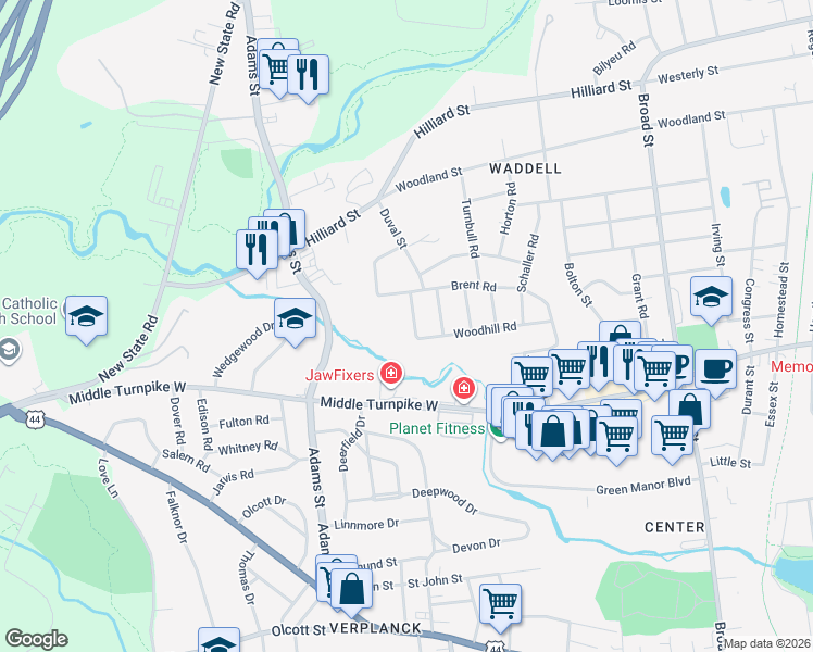 map of restaurants, bars, coffee shops, grocery stores, and more near 381 Adams Street in Manchester