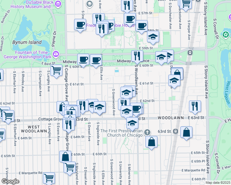 map of restaurants, bars, coffee shops, grocery stores, and more near 1126 East 62nd Street in Chicago