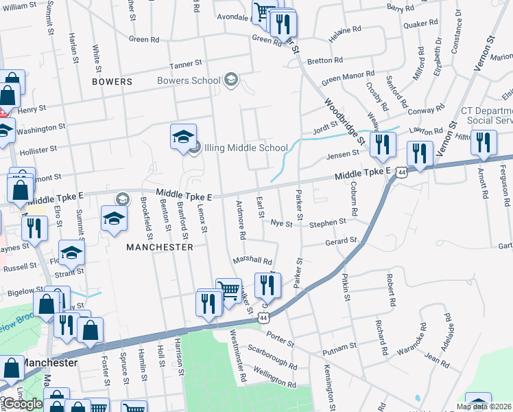 map of restaurants, bars, coffee shops, grocery stores, and more near 18 Earl Street in Manchester