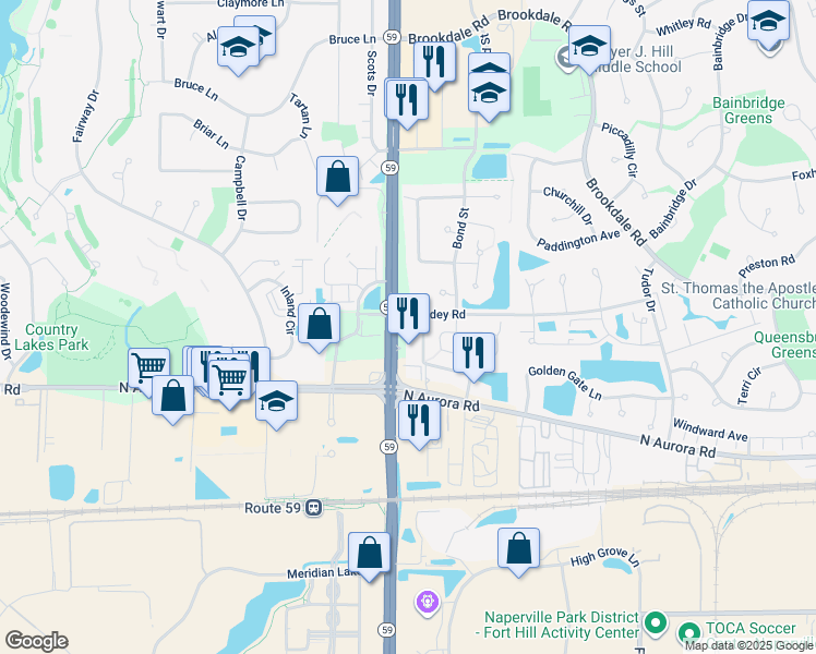 map of restaurants, bars, coffee shops, grocery stores, and more near 760 Illinois Route 59 in Naperville