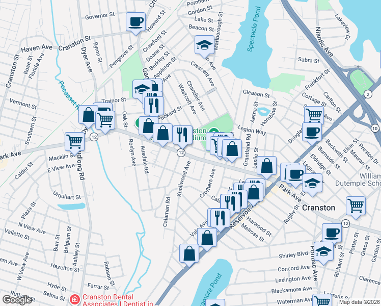map of restaurants, bars, coffee shops, grocery stores, and more near 17 Egan Road in Cranston