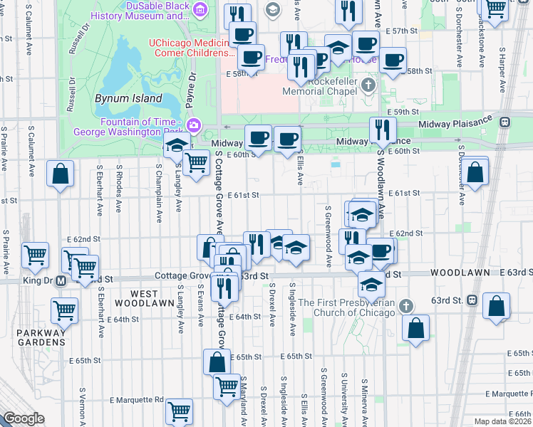 map of restaurants, bars, coffee shops, grocery stores, and more near 6152 South Ingleside Avenue in Chicago