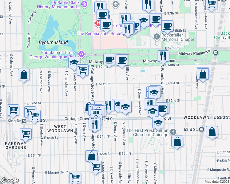 map of restaurants, bars, coffee shops, grocery stores, and more near 6152 South Ingleside Avenue in Chicago