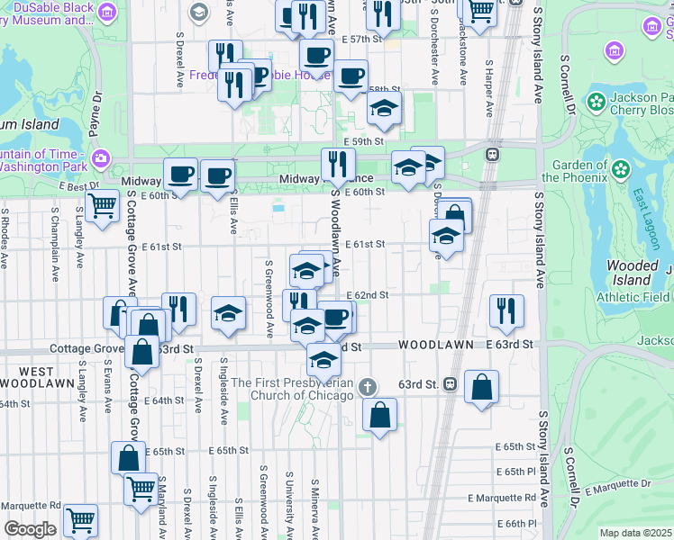map of restaurants, bars, coffee shops, grocery stores, and more near 6132 South Woodlawn Avenue in Chicago