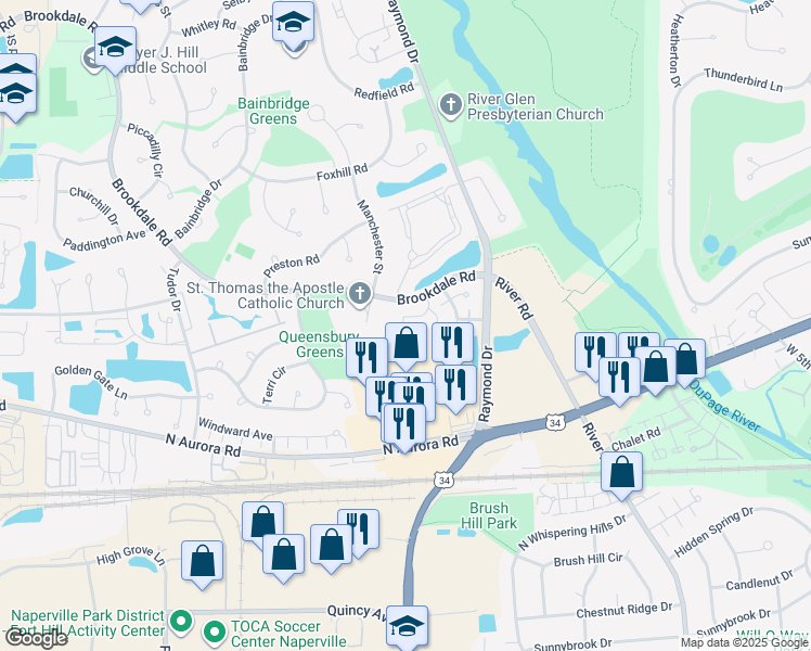 map of restaurants, bars, coffee shops, grocery stores, and more near 1400 Brookdale Road in Naperville