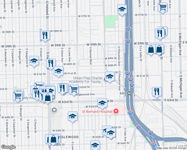 map of restaurants, bars, coffee shops, grocery stores, and more near 6039 South Normal Boulevard in Chicago