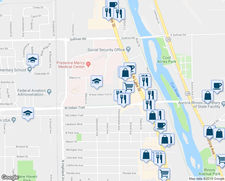 map of restaurants, bars, coffee shops, grocery stores, and more near 309 West New Indian Trail Court in Aurora