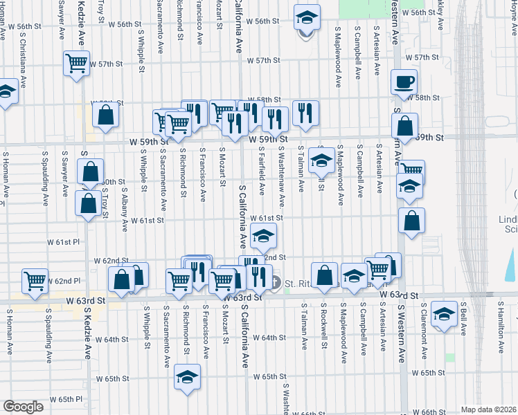 map of restaurants, bars, coffee shops, grocery stores, and more near 6046 South Fairfield Avenue in Chicago