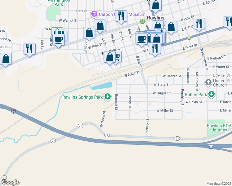 map of restaurants, bars, coffee shops, grocery stores, and more near 498 Bennett St in Rawlins