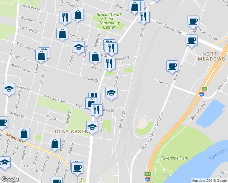map of restaurants, bars, coffee shops, grocery stores, and more near 242 Bellevue Street in Hartford
