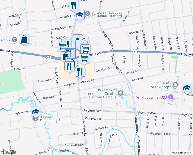 map of restaurants, bars, coffee shops, grocery stores, and more near 122 Haynes Road in West Hartford