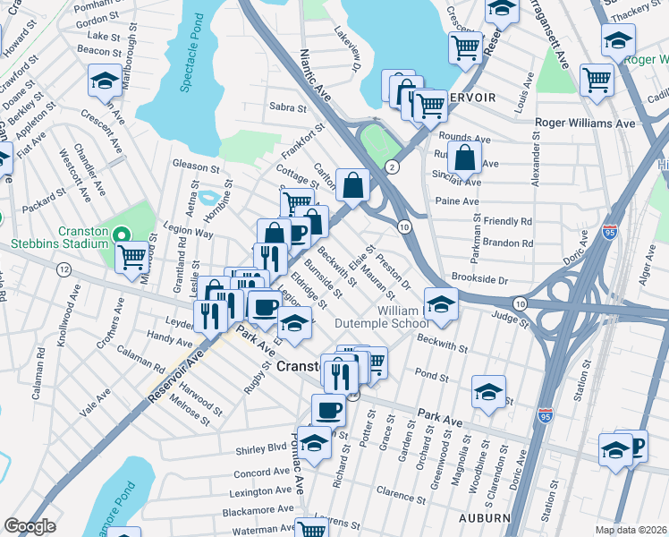 map of restaurants, bars, coffee shops, grocery stores, and more near 337 Beckwith Street in Cranston