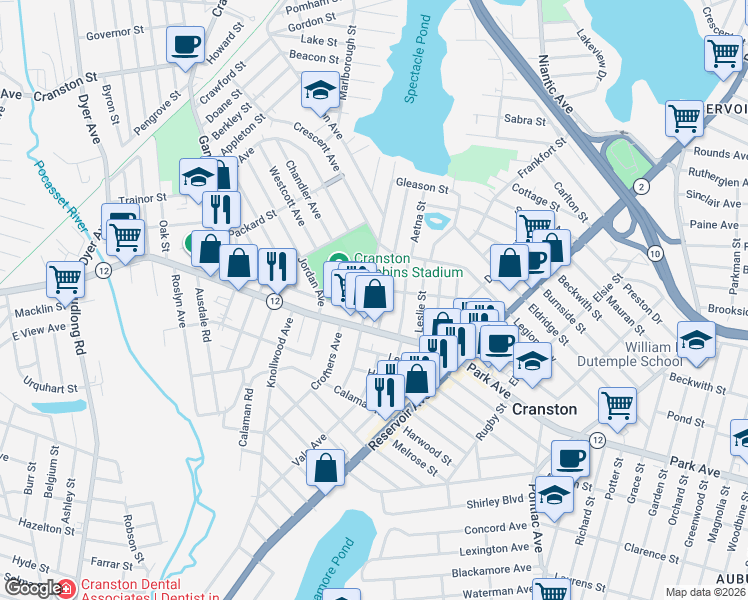 map of restaurants, bars, coffee shops, grocery stores, and more near 50 Midwood Street in Cranston