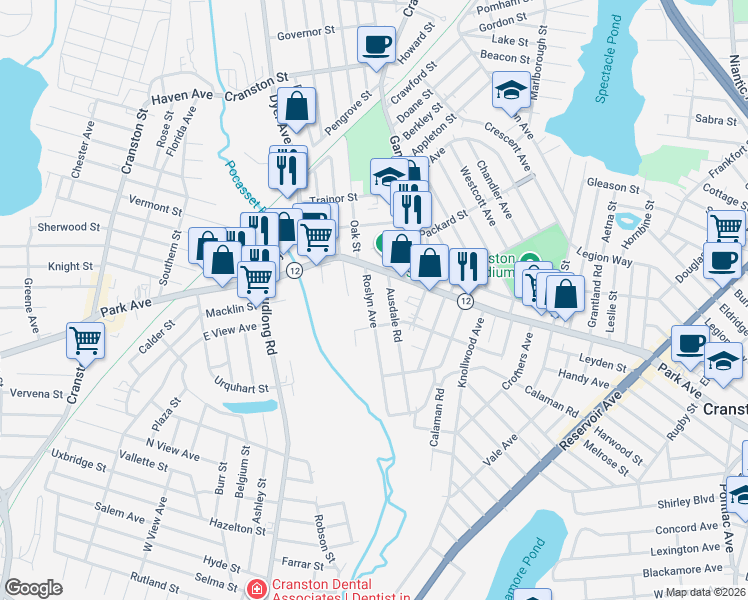 map of restaurants, bars, coffee shops, grocery stores, and more near 1232 Park Avenue in Cranston