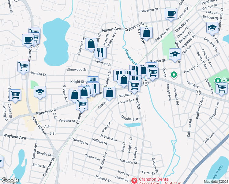 map of restaurants, bars, coffee shops, grocery stores, and more near 1401 Park Avenue in Cranston