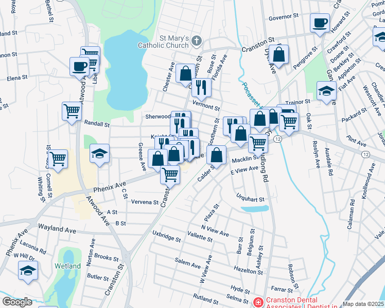 map of restaurants, bars, coffee shops, grocery stores, and more near 34 America Street in Cranston