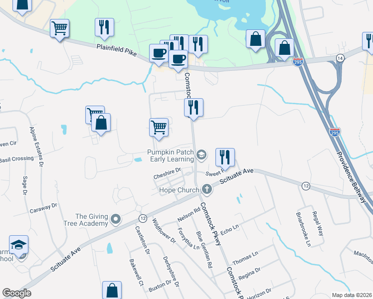 map of restaurants, bars, coffee shops, grocery stores, and more near in Cranston