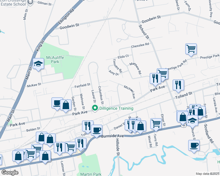map of restaurants, bars, coffee shops, grocery stores, and more near 112 Michael Avenue in East Hartford