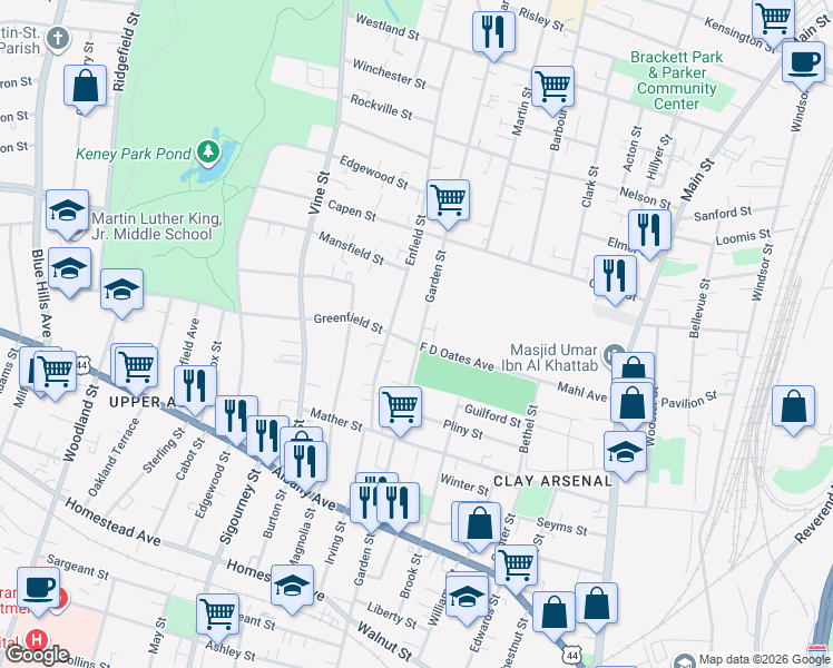 map of restaurants, bars, coffee shops, grocery stores, and more near 515 Garden Street in Hartford