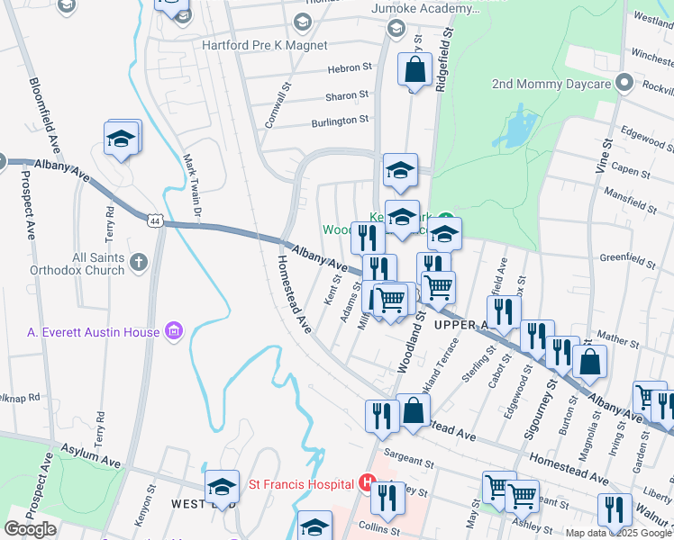 map of restaurants, bars, coffee shops, grocery stores, and more near 85 Kent Street in Hartford