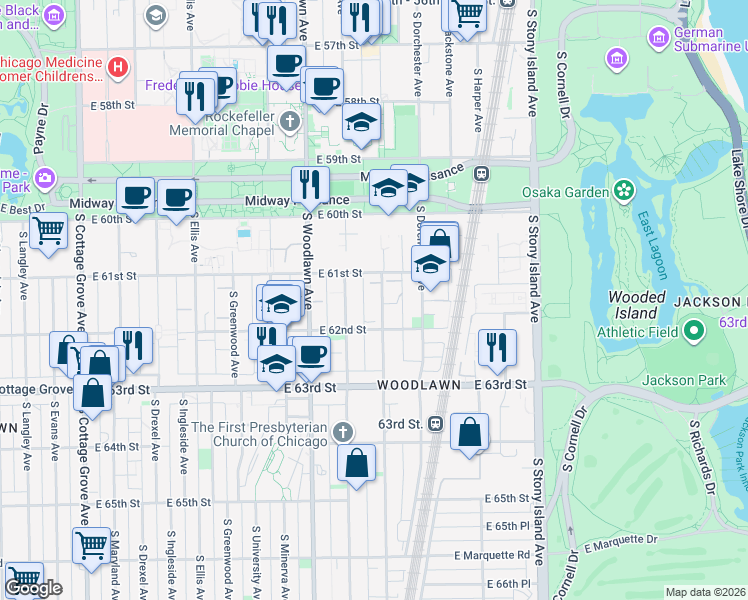 map of restaurants, bars, coffee shops, grocery stores, and more near 1321 East 61st Street in Chicago