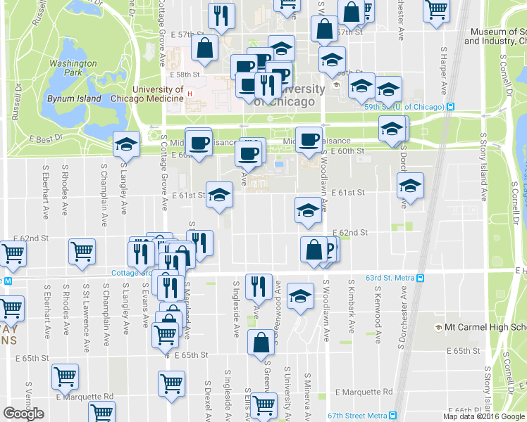 map of restaurants, bars, coffee shops, grocery stores, and more near 1027 East 61st Street in Chicago