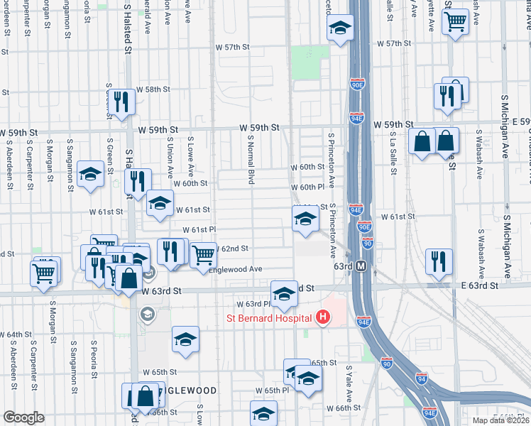 map of restaurants, bars, coffee shops, grocery stores, and more near 6039 South Normal Boulevard in Chicago