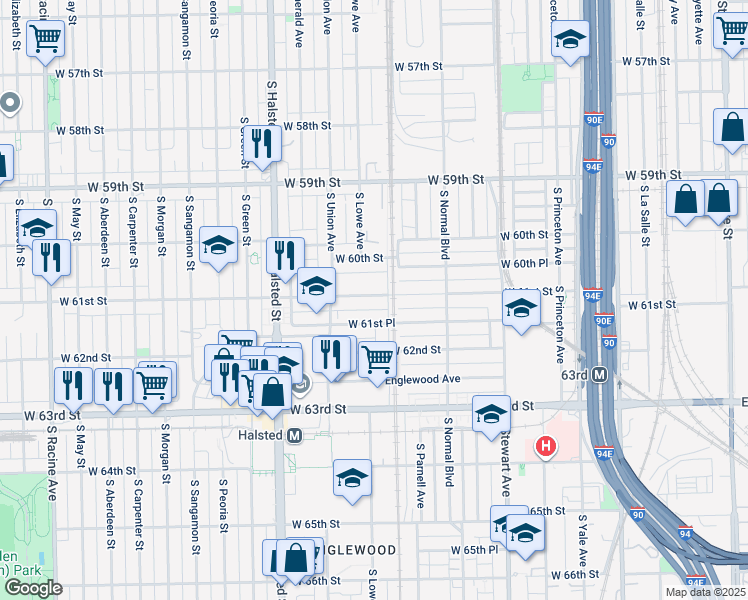 map of restaurants, bars, coffee shops, grocery stores, and more near 6036 South Wallace Avenue in Chicago