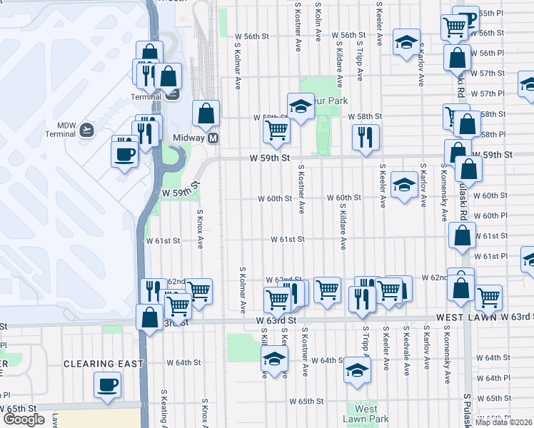 map of restaurants, bars, coffee shops, grocery stores, and more near 5959 South Kilbourn Avenue in Chicago