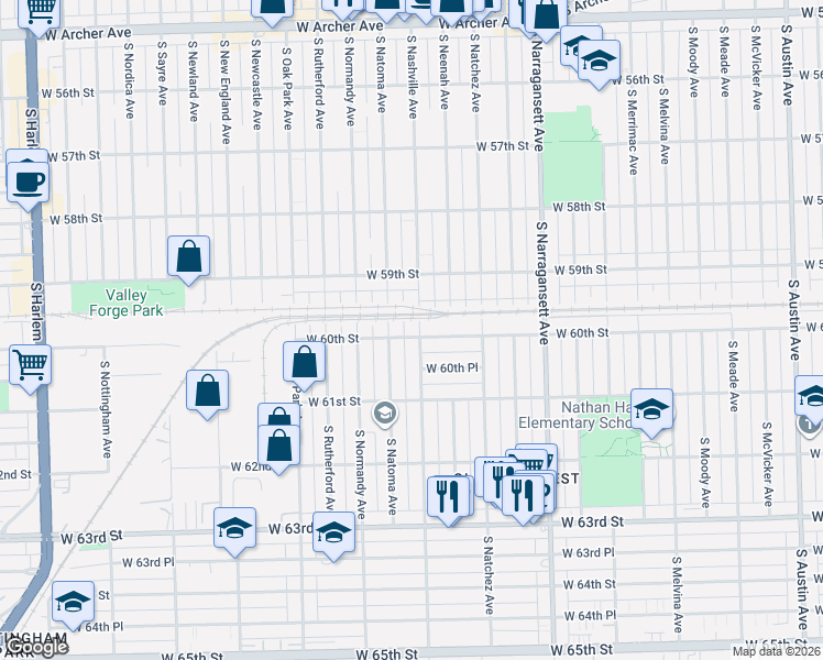 map of restaurants, bars, coffee shops, grocery stores, and more near 5931 South Nashville Avenue in Chicago