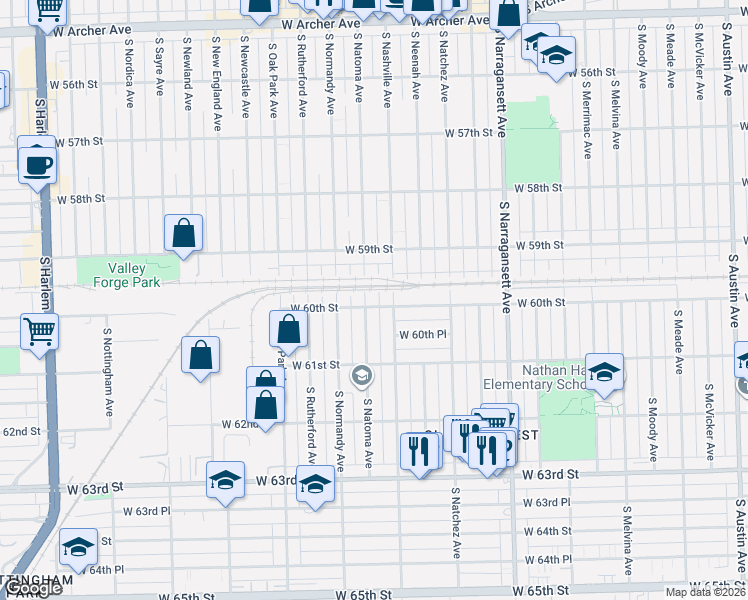 map of restaurants, bars, coffee shops, grocery stores, and more near 5925 South Natoma Avenue in Chicago
