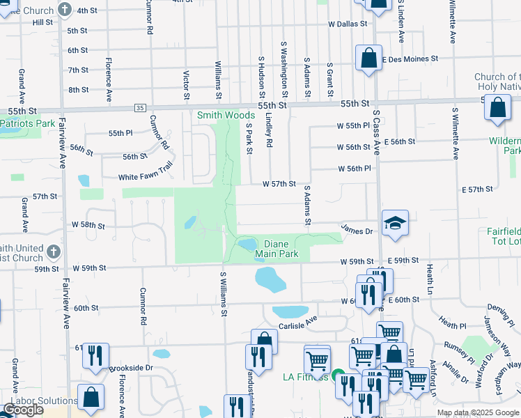 map of restaurants, bars, coffee shops, grocery stores, and more near 253 West 57th Street in Westmont