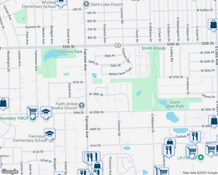 map of restaurants, bars, coffee shops, grocery stores, and more near 5716 Buck Court in Westmont