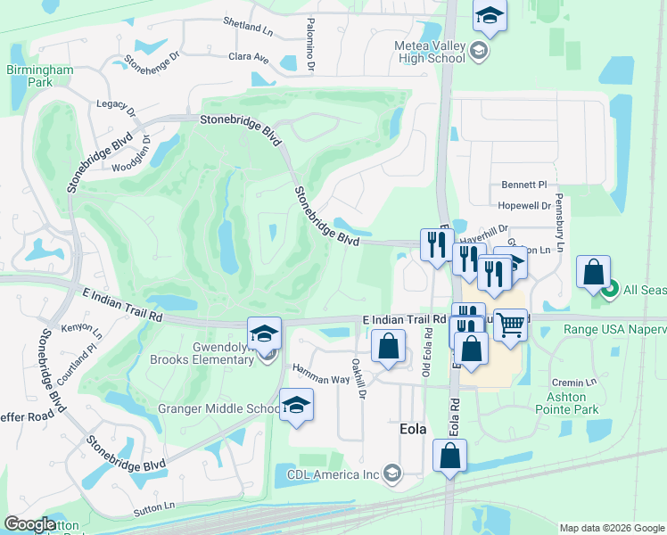 map of restaurants, bars, coffee shops, grocery stores, and more near 1290 Radford Drive in Aurora