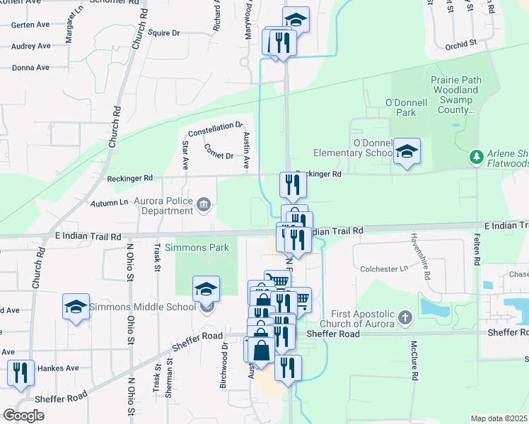 map of restaurants, bars, coffee shops, grocery stores, and more near 1301 Reckinger Road in Aurora