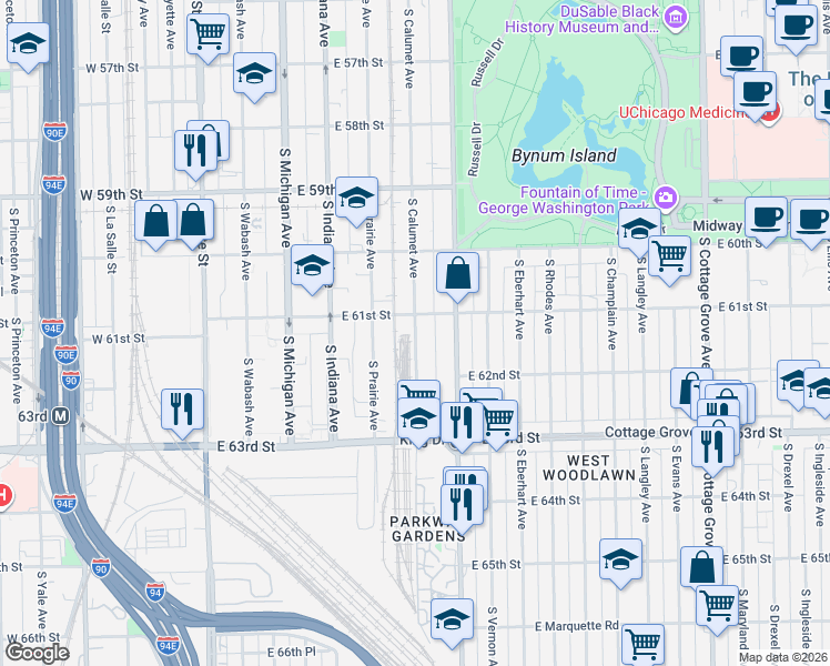 map of restaurants, bars, coffee shops, grocery stores, and more near 312 East 61st Street in Chicago