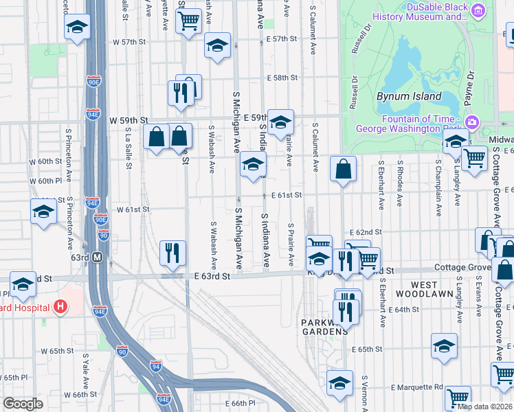 map of restaurants, bars, coffee shops, grocery stores, and more near 110 East 61st Street in Chicago