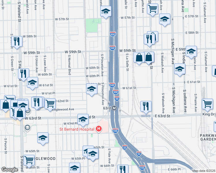 map of restaurants, bars, coffee shops, grocery stores, and more near 220 West 61st Street in Chicago