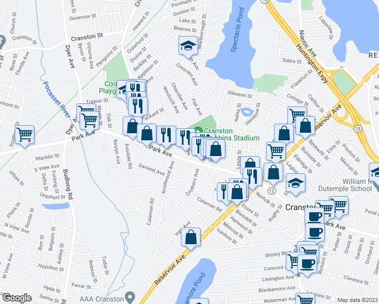 map of restaurants, bars, coffee shops, grocery stores, and more near 20 Jordan Avenue in Cranston