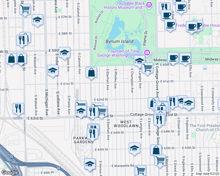 map of restaurants, bars, coffee shops, grocery stores, and more near 502 East 61st Street in Chicago