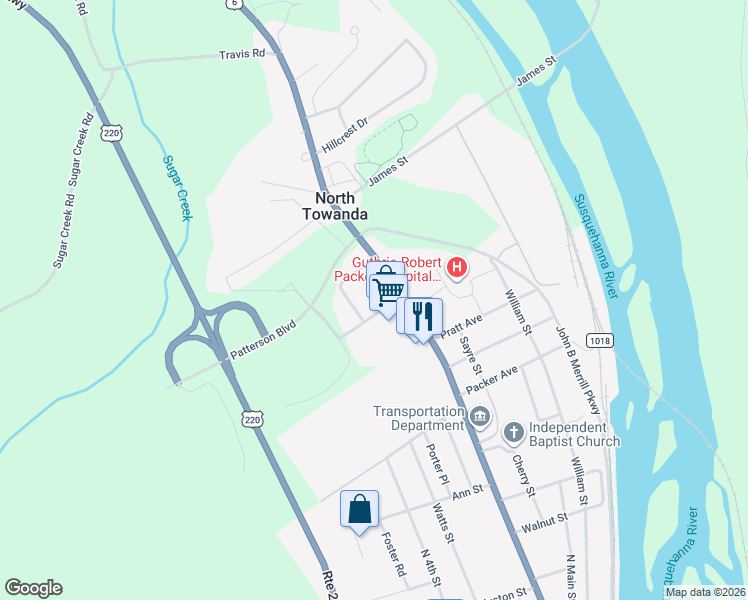 map of restaurants, bars, coffee shops, grocery stores, and more near 3 Colonial Drive in Towanda