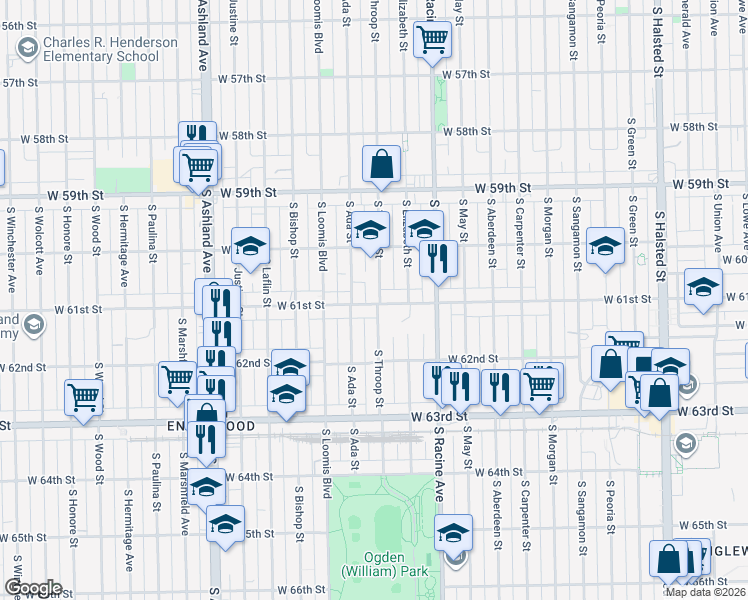 map of restaurants, bars, coffee shops, grocery stores, and more near 6035 South Throop Street in Chicago