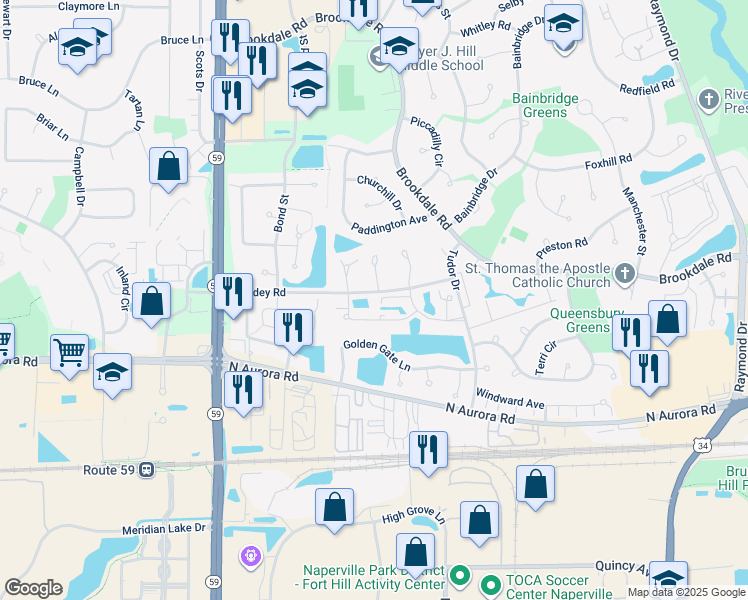 map of restaurants, bars, coffee shops, grocery stores, and more near 1812 Gowdey Road in Naperville