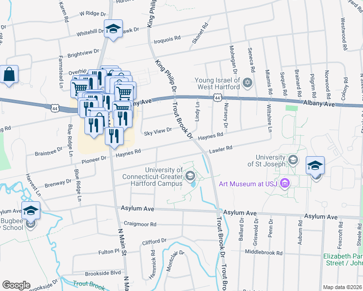 map of restaurants, bars, coffee shops, grocery stores, and more near 87 Haynes Road in West Hartford