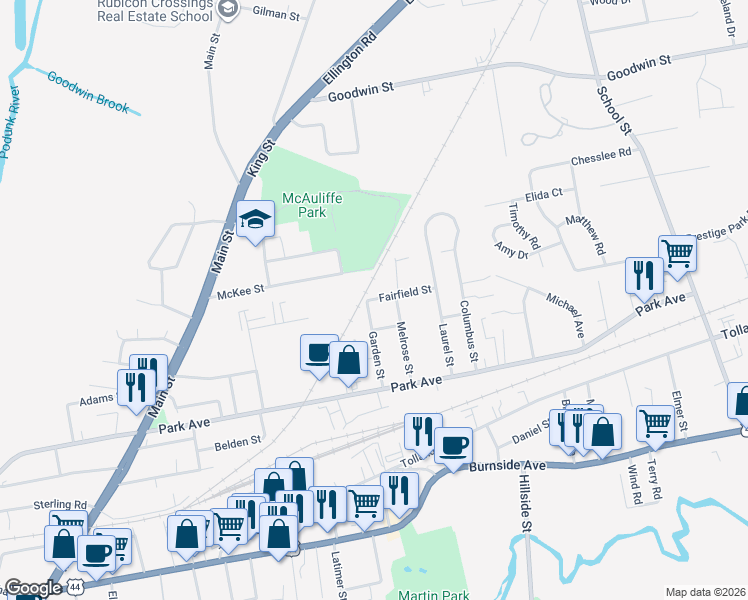 map of restaurants, bars, coffee shops, grocery stores, and more near 98 Garden Street in East Hartford