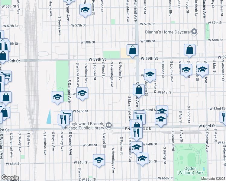 map of restaurants, bars, coffee shops, grocery stores, and more near 6031 South Hermitage Avenue in Chicago