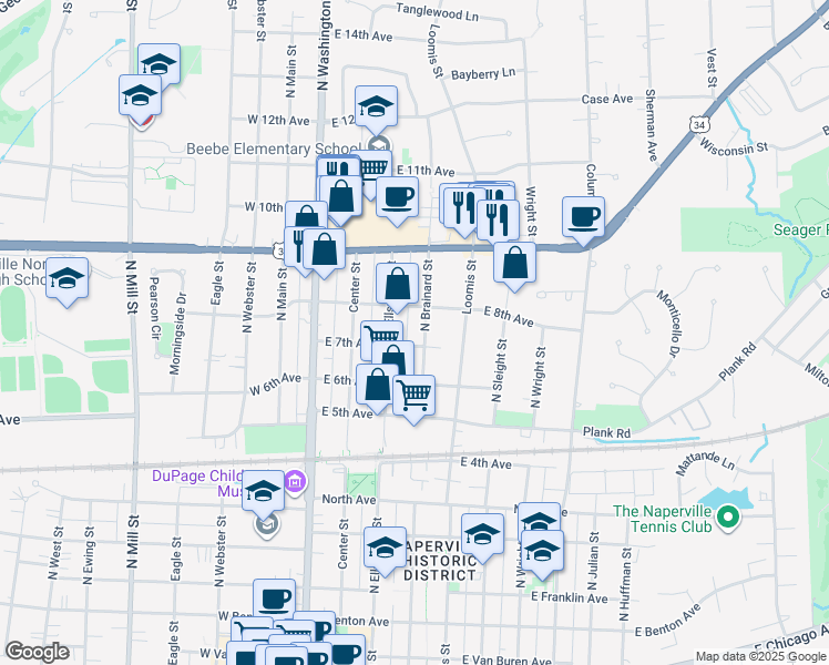 map of restaurants, bars, coffee shops, grocery stores, and more near 736 North Brainard Street in Naperville