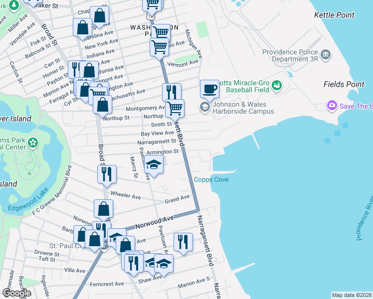 map of restaurants, bars, coffee shops, grocery stores, and more near 1080 Narragansett Boulevard in Cranston