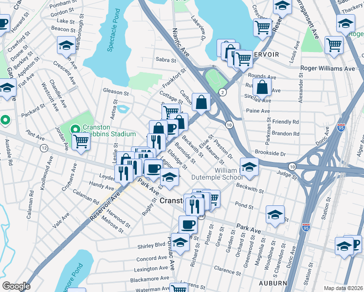 map of restaurants, bars, coffee shops, grocery stores, and more near 337 Beckwith Street in Cranston